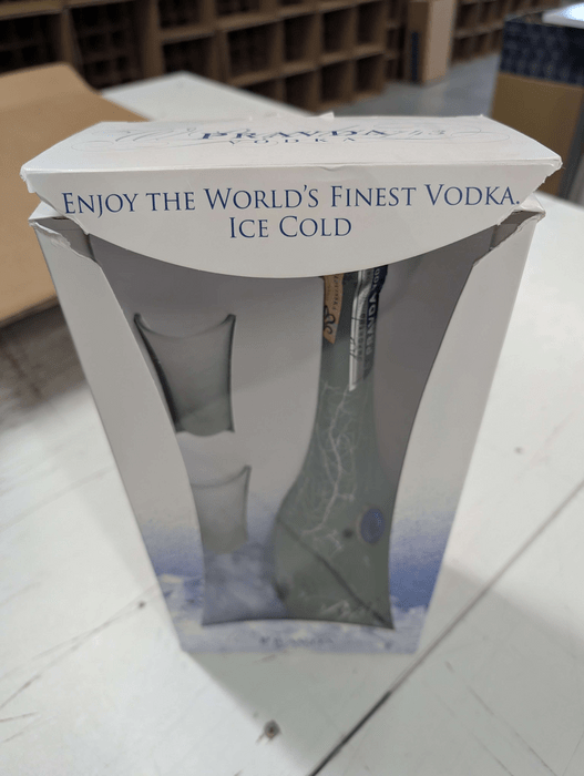 Pravda Vodka with 2 glasses - damaged box
