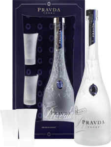 Pravda Vodka s 2 sklenicemi