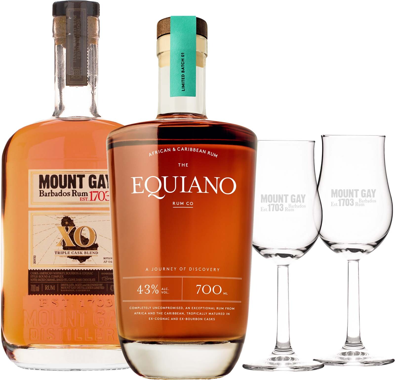 Set Mount Gay XO + Equiano Rum + 2 poháre (set 1 x 0.7 l, 1 x 0.7 l)