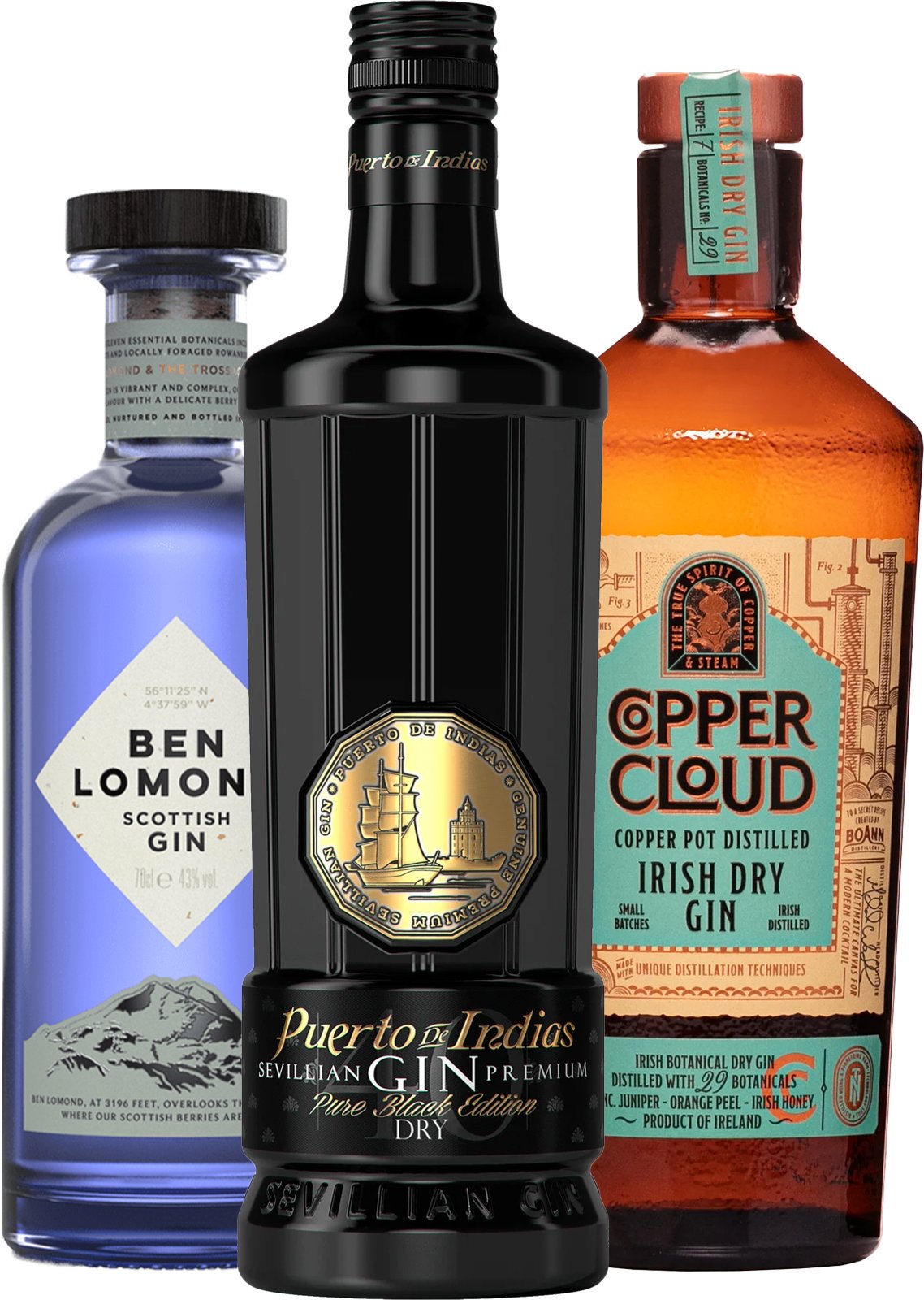 Set Ben Lomond Gin + Copper Cloud Irish Dry Gin + Puerto de Indias Pure Black Edition (set 1 x 0.7 l, 1 x 0.7 l, 1 x 0.7 l)
