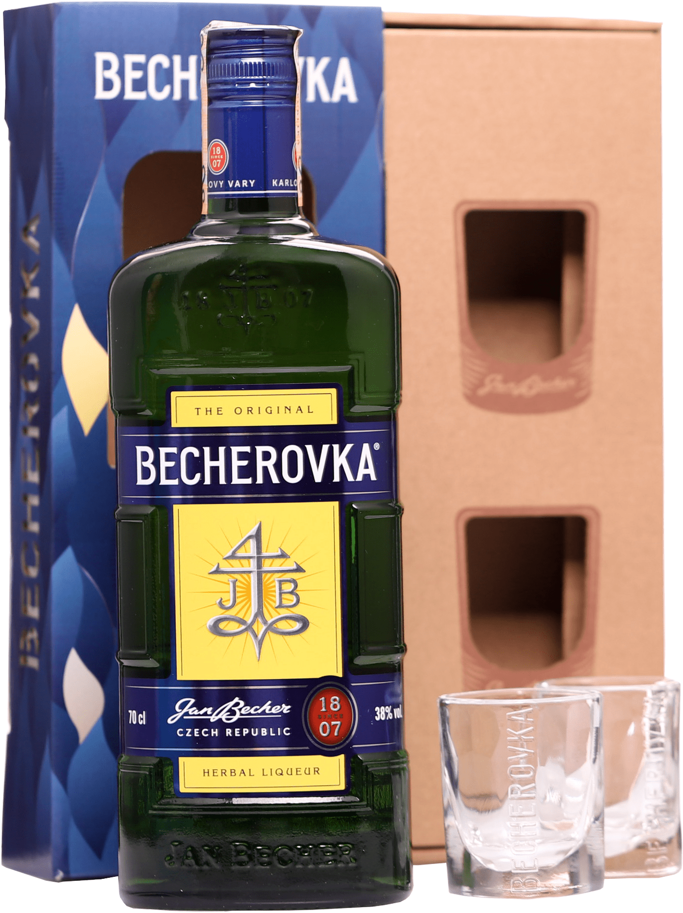 Becherovka + 2 sklenice 38% 0,7l (darčekové balenie 2 poháre)