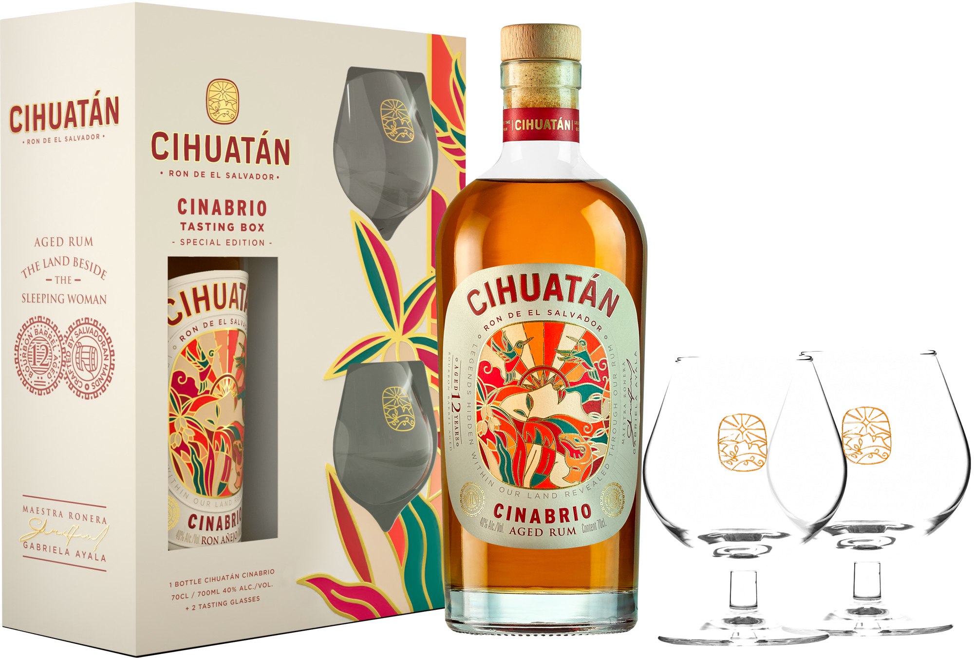 Cihuatán Cinabrio 12 ročný + 2 poháre 40% 0,7l (darčekové balenie 2 poháre)