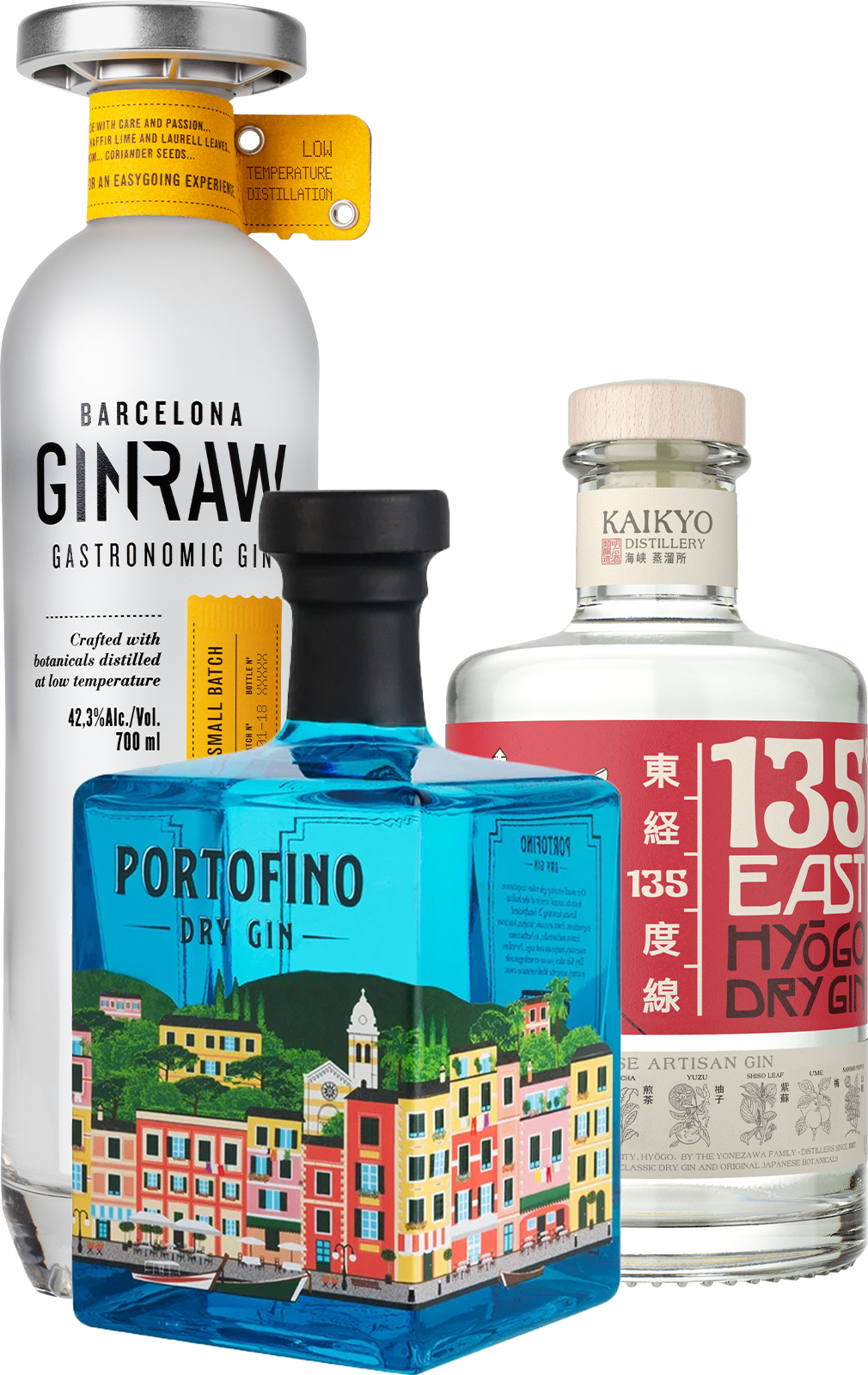 Set 135° East Hyogo Dry Gin + GinRaw Gastronomic Gin + Portofino Dry Gin (set 1 x 0.7 l, 1 x 0.7 l, 1 x 0.5 l)