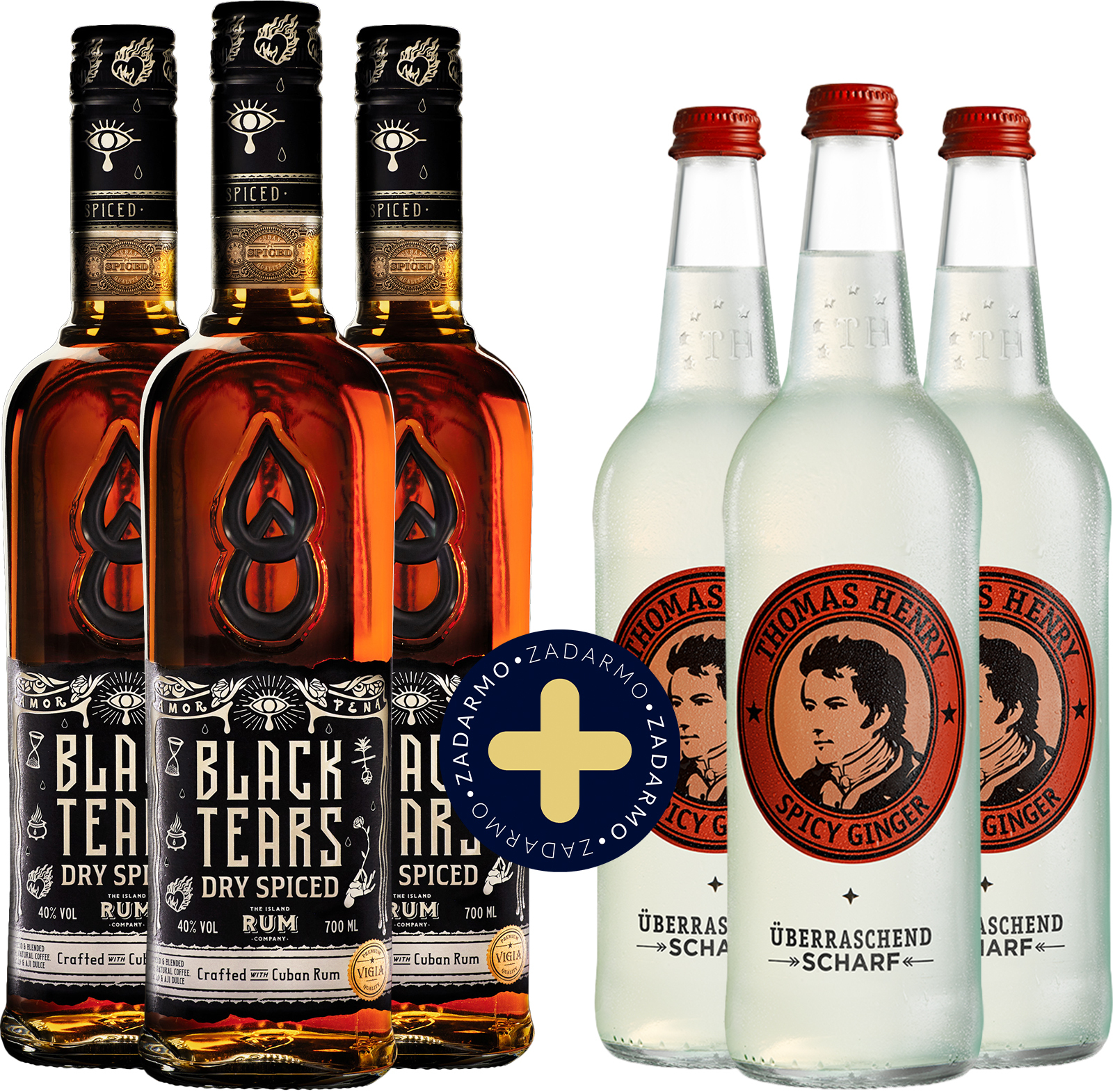 Set 3x Black Tears Dry Spiced Rum + 3x Thomas Henry Ginger Beer 0,75l zdarma (set 3 x 0.7 l, 3 x 0.75 l)
