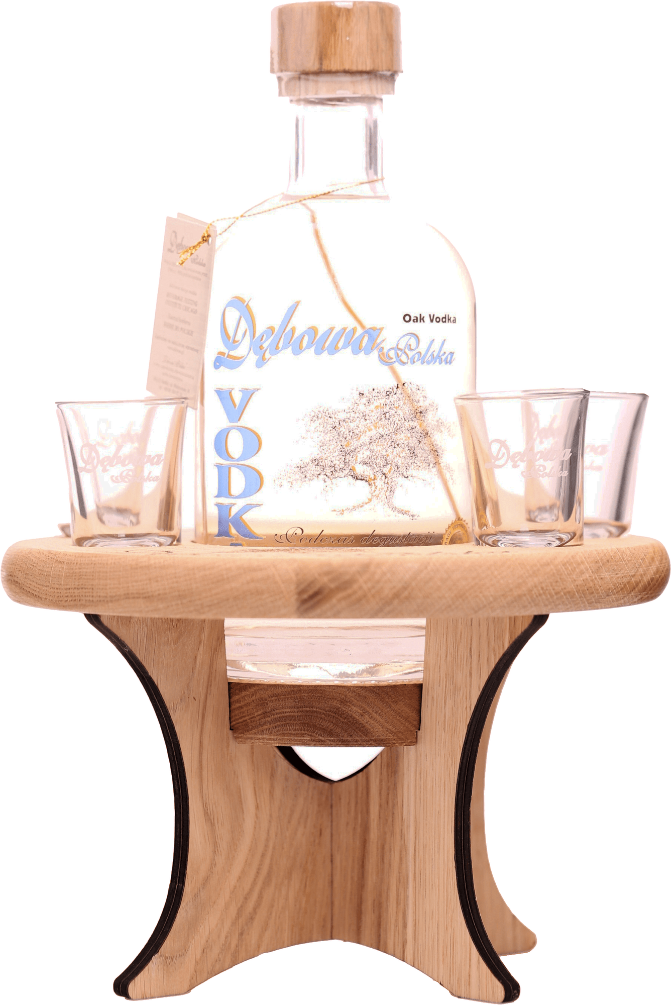 Debowa Oak Vodka Dubový stolček + 4 poháre 40% 0,7l (darčekové balenie 4 poháre)