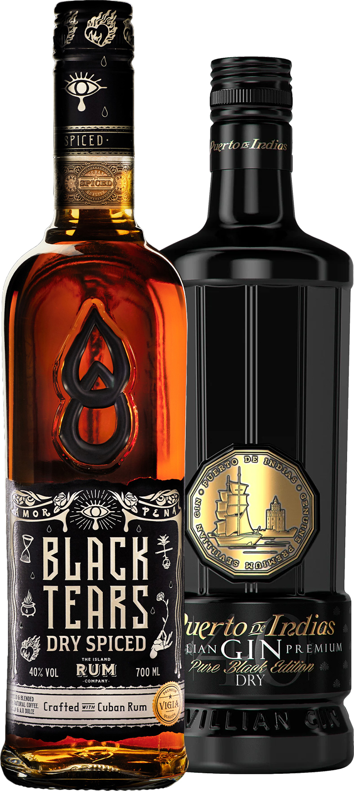 Set Black Tears Dry Spiced Rum + Puerto de Indias Pure Black Edition (set 1 x 0.7 l, 1 x 0.7 l)