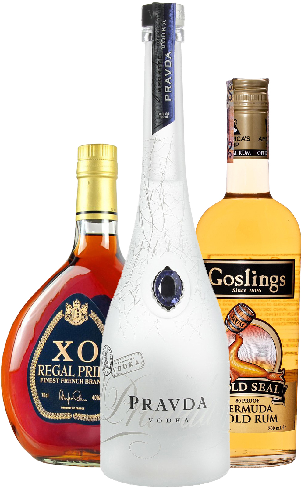 Set Regal Pride XO + Pravda Vodka + Goslings Gold (set 1 x 0.7 l, 1 x 0.7 l, 1 x 0.7 l)