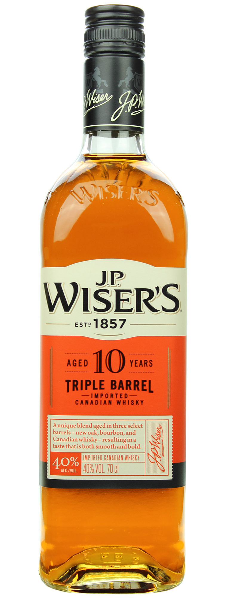 J.P. Wiser's Triple Barrel 10 ročná 40% 0,7l (čistá fľaša)
