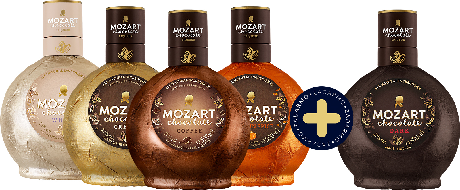 Set Mozart Chocolate Cream + White + Coffee + Pumpkin + Dark zdarma (set 1 x 0.5 l, 1 x 0.5 l, 1 x 0.5 l, 1 x 0.5 l, 1 x 0.5 l)