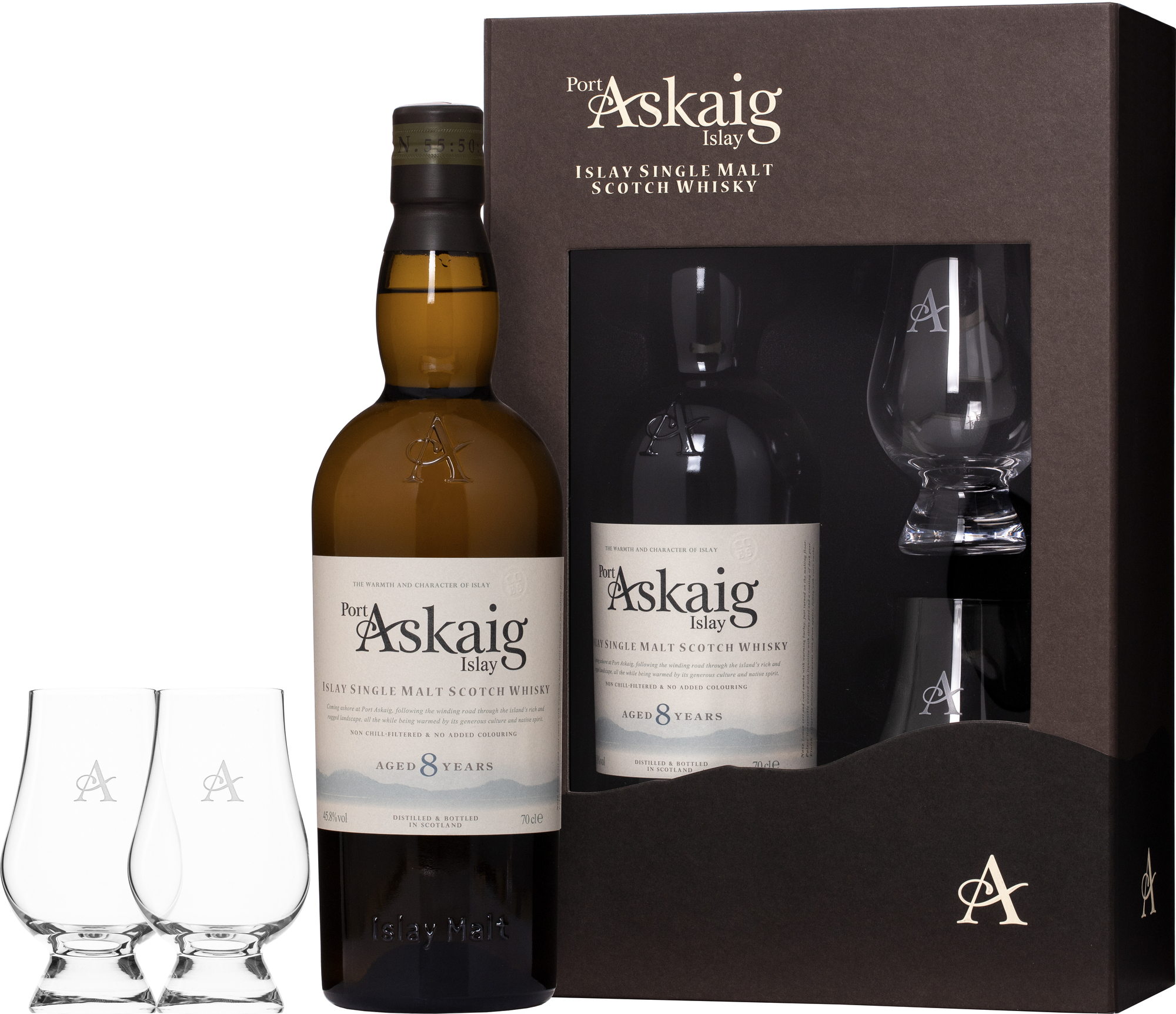 Port Askaig 8 letá + 2 sklenice 45,8% 0,7l (darčekové balenie 2 poháre)