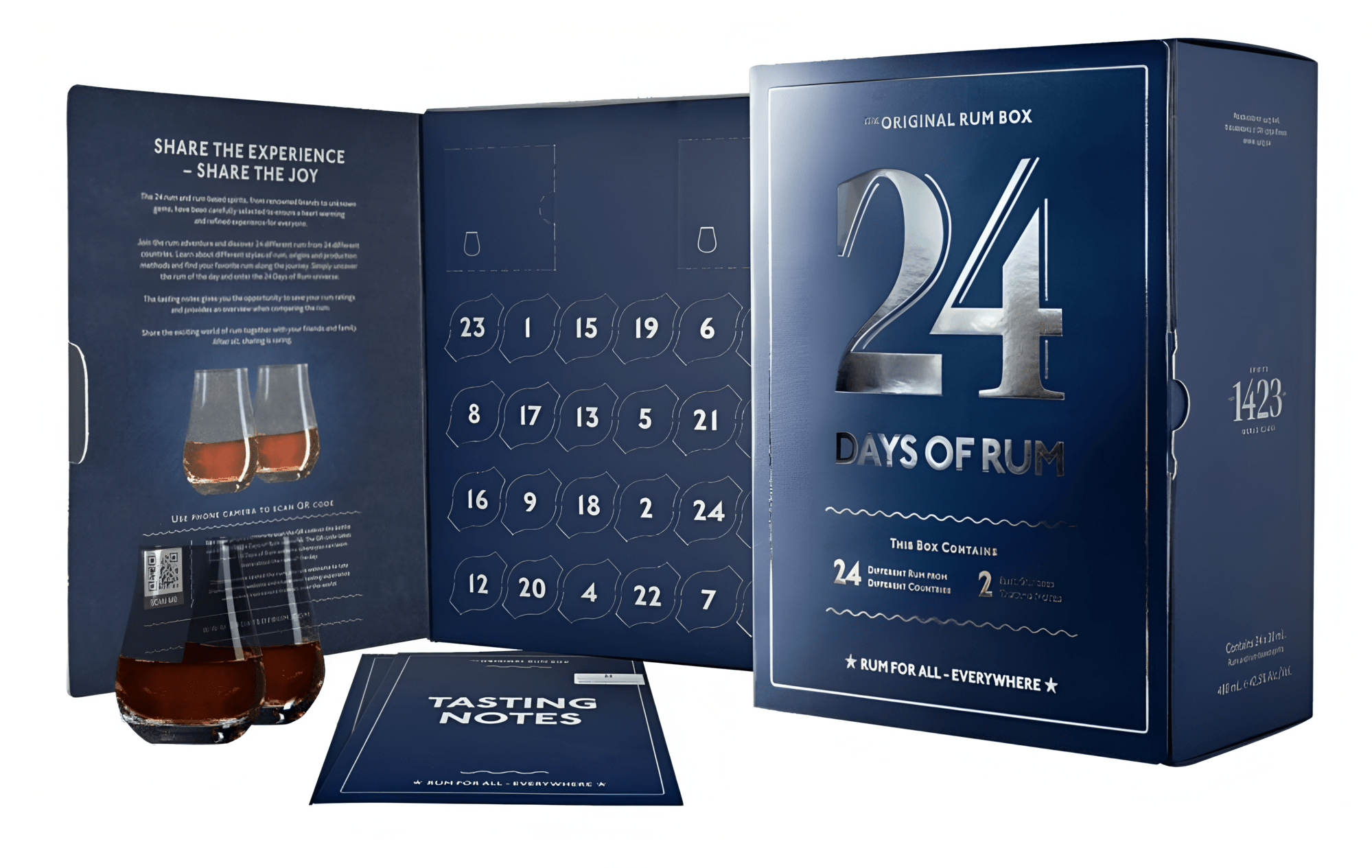 24 Days of Rum - Rumový kalendár 2023 24x0,02l + 2 poháre 42,5% 0,48l (darčekové balenie 2 poháre)