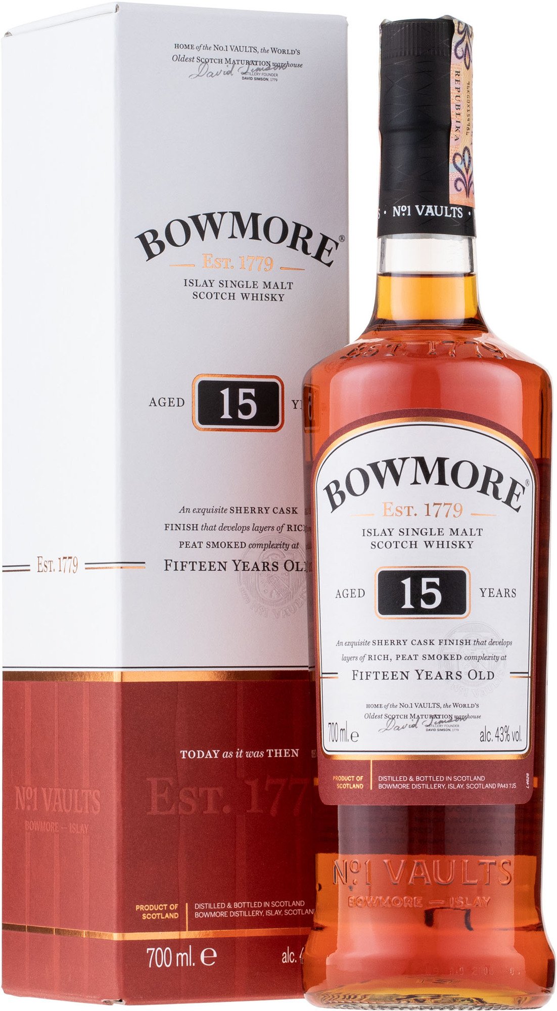 Bowmore 15 ročná 43% 0,7l (darčekové balenie kazeta)