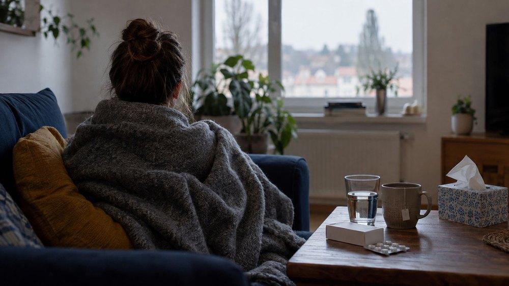 A woman wrapped in a blanket sits with her back to the camera on a sofa looking out of the window, with a glass of water, a mug of tea, tissues, a medicine box and a blister pack on the coffee table.