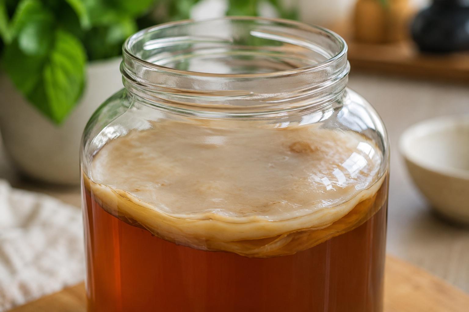 SCOBY kultúra, takzvaná kombucha huba, plávajúca na hladine sklenenej nádoby s fermentujúcim čajom.