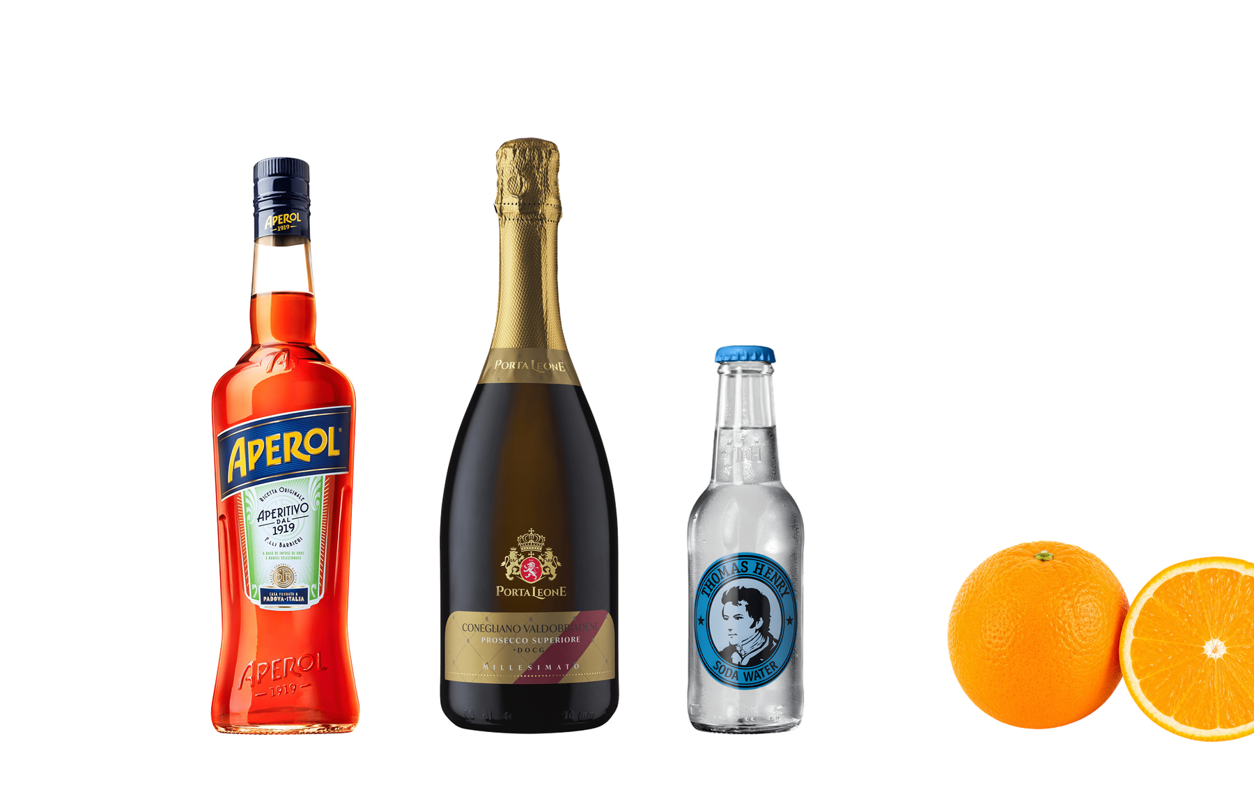 Suroviny na Aperol Spritz z nabídky svetnapoju.cz – Aperol Aperitivo, Porta Leone Prosecco Superiore DOCG, soda Thomas Henry a čerstvý pomeranč na průhledném pozadí.