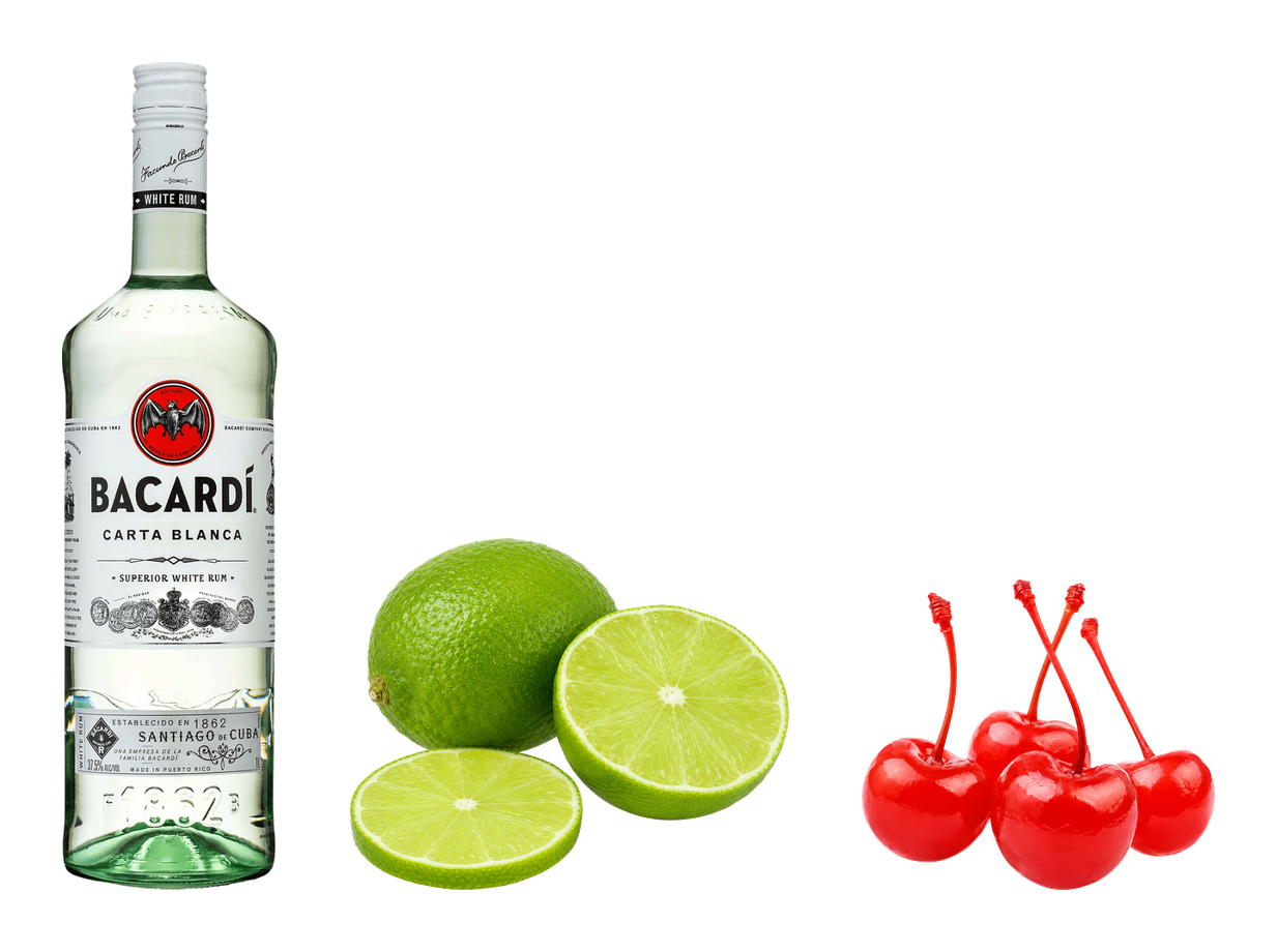 Suroviny na chupito z ponuky svetnapoju.cz – Bacardi Carta Blanca, čerstvá limetka a koktailové čerešne na priehľadnom pozadí.