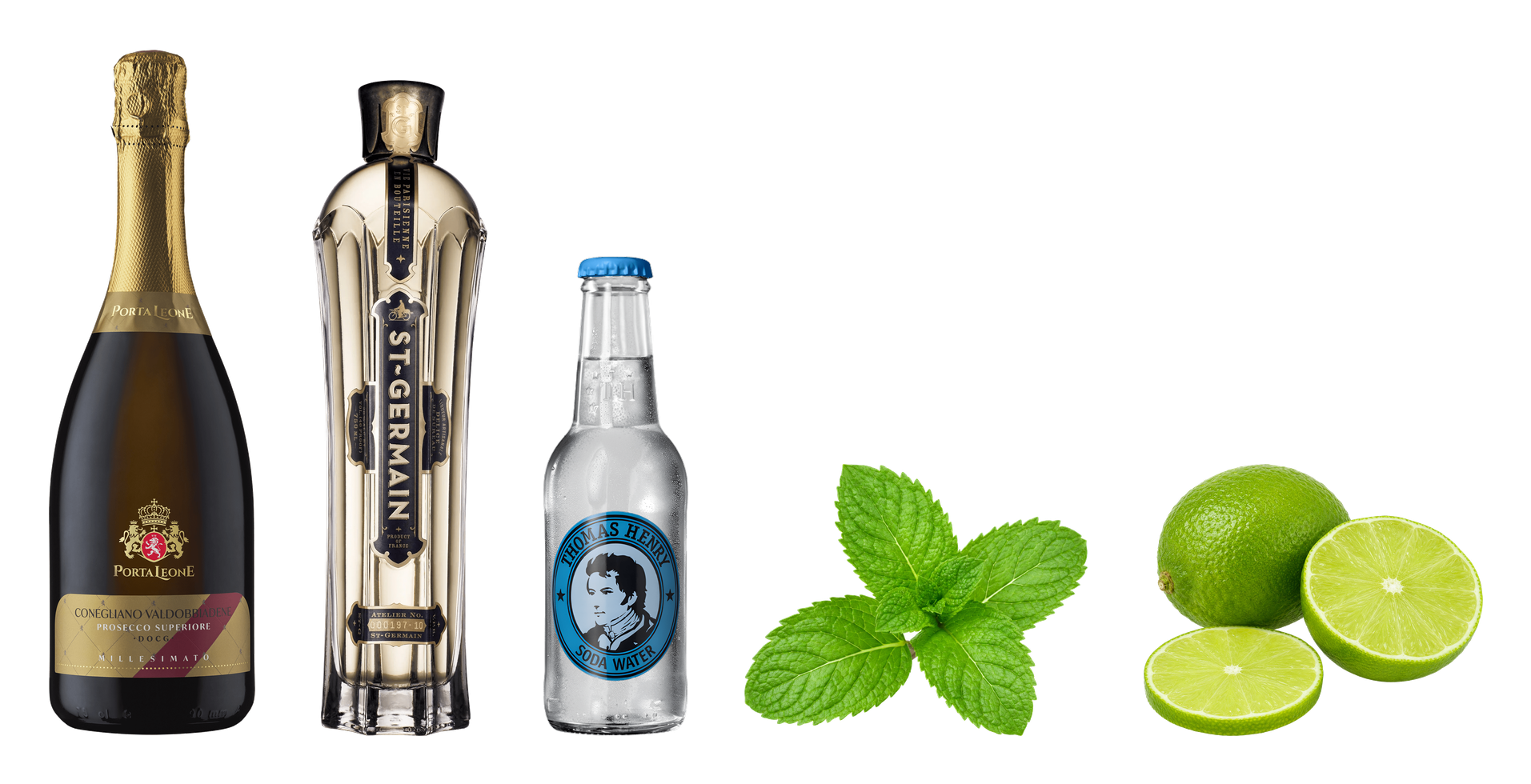 Suroviny na Hugo Spritz z nabídky svetnapoju.cz – Porta Leone Prosecco DOCG, soda Thomas Henry a bezový likér St-Germain pro silnější verzi, k tomu čerstvá máta a limetka na průhledném pozadí.