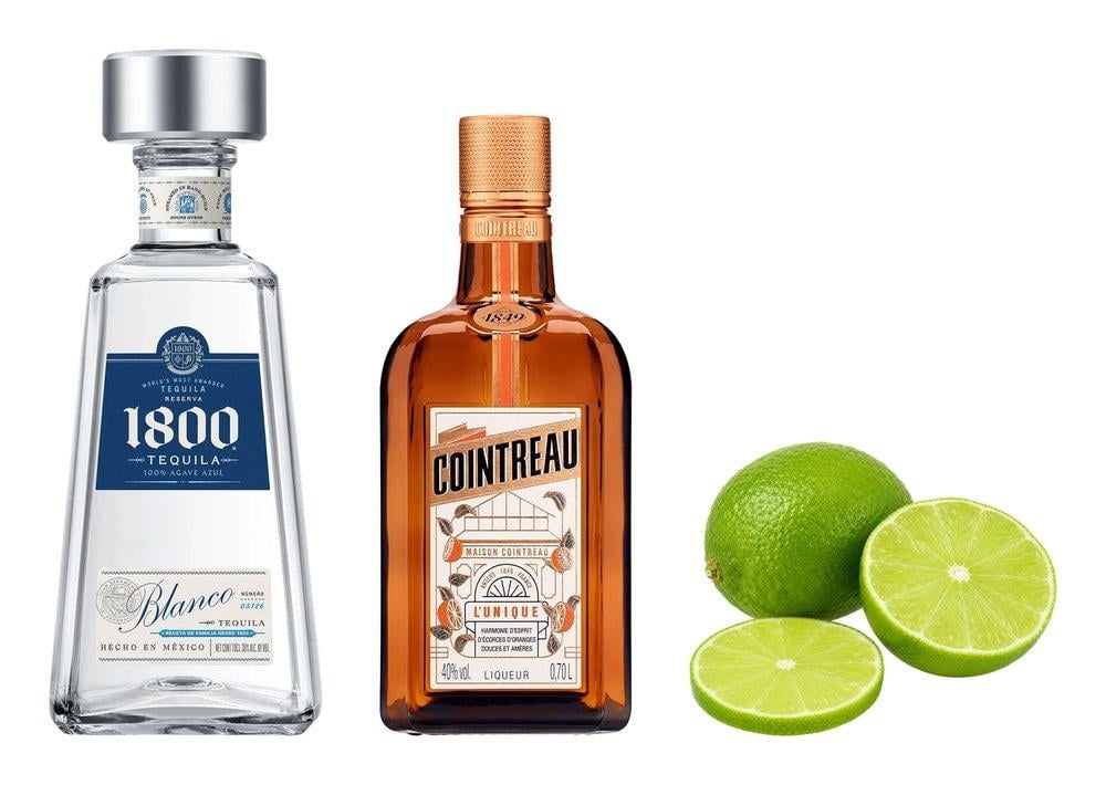Suroviny na Margaritu z nabídky svetnapoju.cz – 1800 Tequila Blanco, Cointreau a čerstvá limetka na průhledném pozadí.