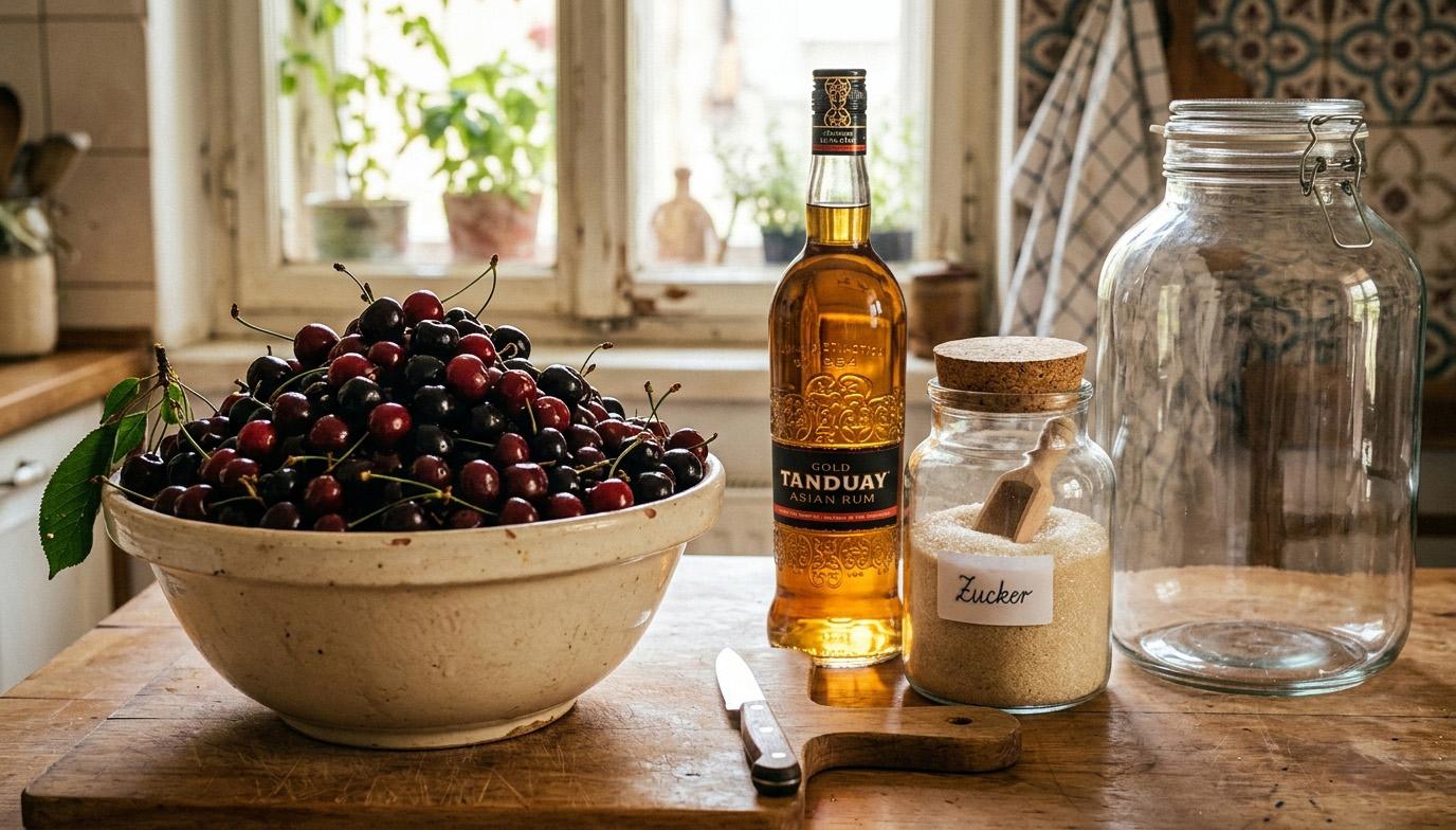 Zutaten für hausgemachten Griotka-Kirschlikör: eine Schüssel mit frischen Sauerkirschen, eine Flasche Rum, ein Glas mit Kristallzucker und ein großes Einmachglas auf einem Holztisch.