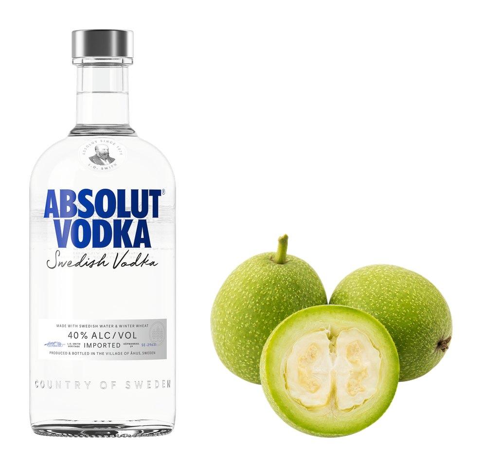 Ingredients for homemade walnut liqueur – vodka as the alcohol base and fresh green walnuts on a transparent background.