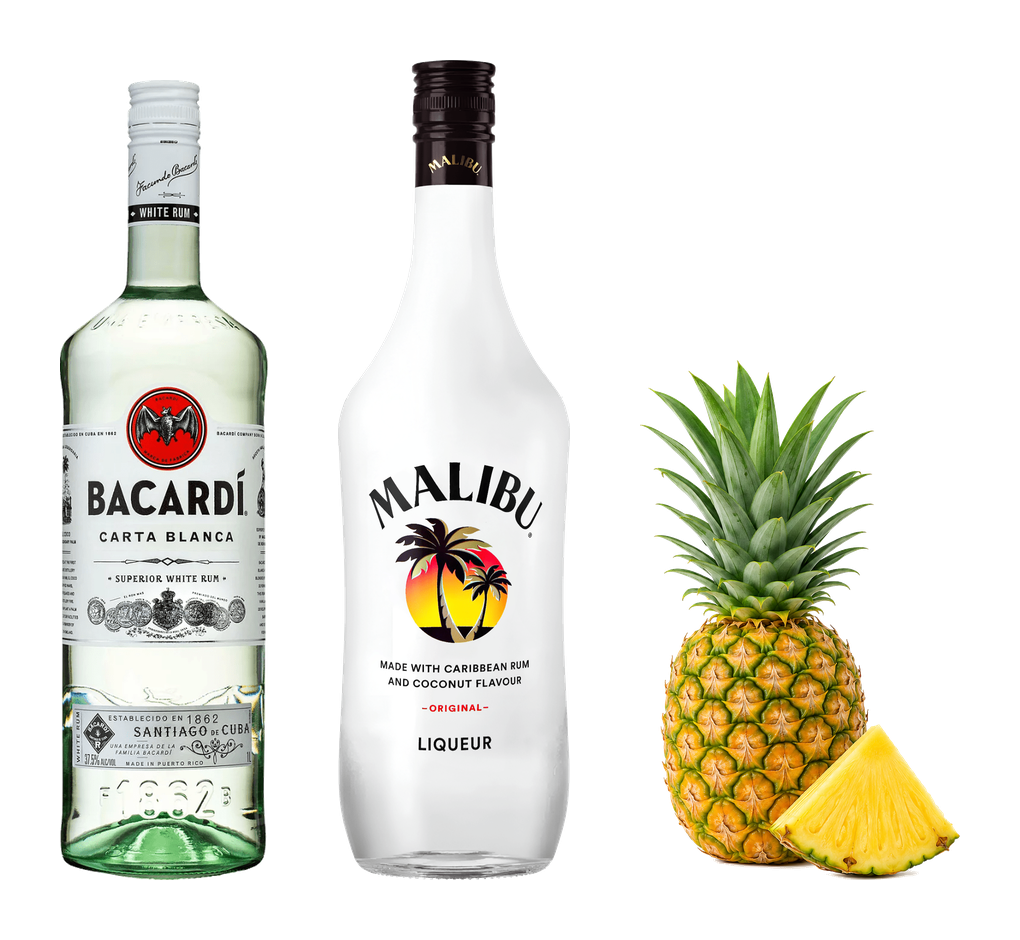 Piña Colada ingredients from our range – Bacardi Carta Blanca, Malibu coconut liqueur and fresh pineapple against a transparent background.