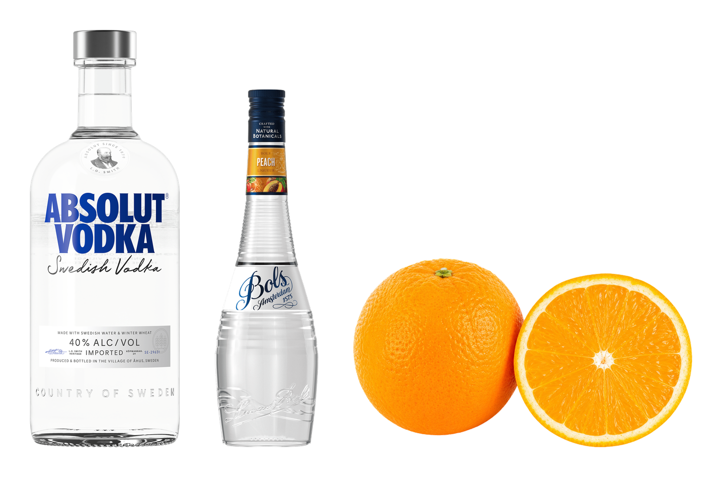 Suroviny na Sex on the Beach z nabídky svetnapoju.cz – Absolut Vodka, Bols Peach a čerstvý pomeranč na průhledném pozadí.