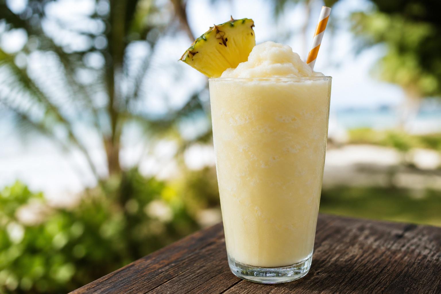 Frozen Piña Colada as a thick icy slush in a tall glass with a straw and pineapple slice on a beach.
