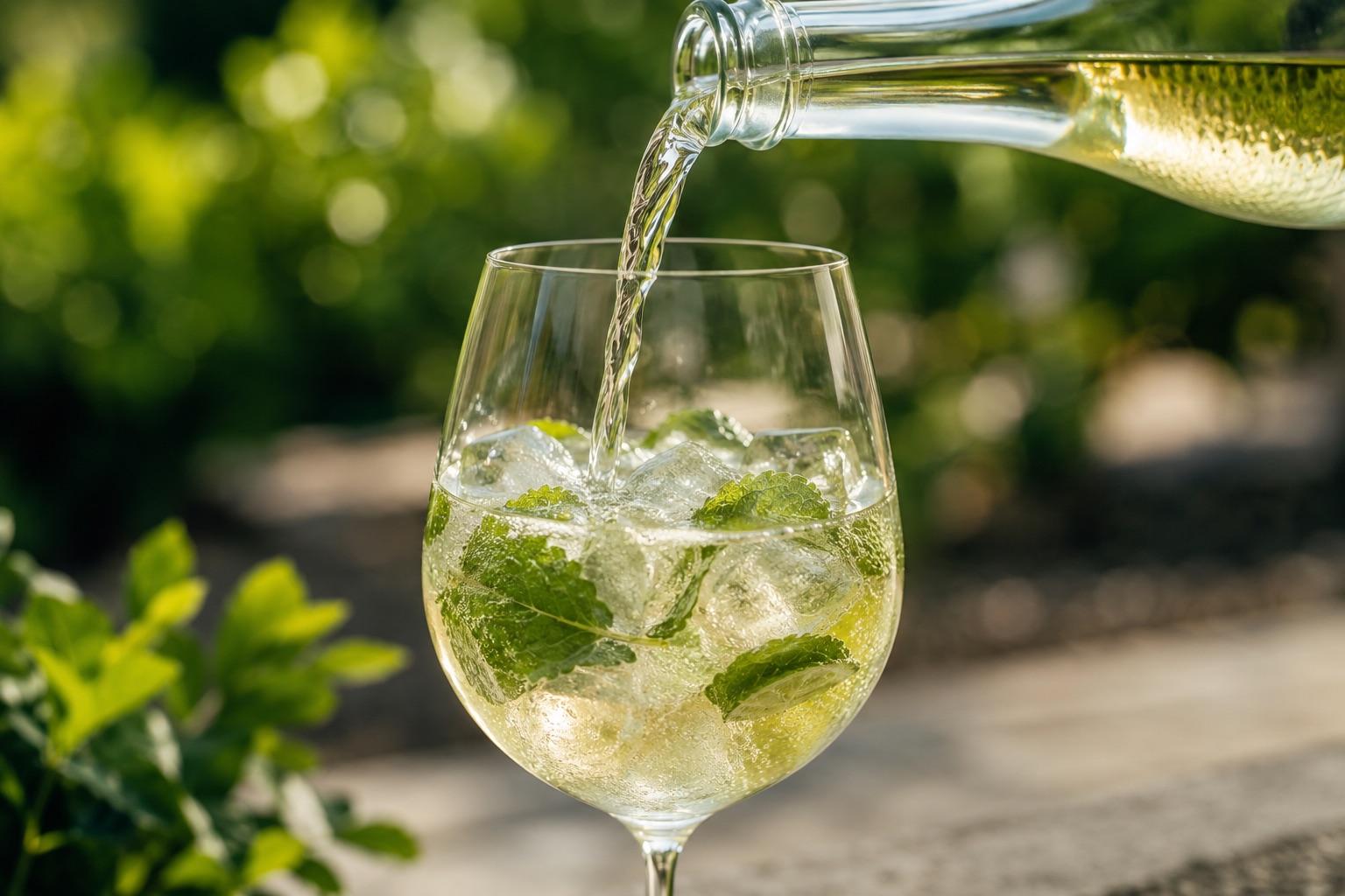 Nalévání prosecca do sklenice s ledem a mátou, příprava Hugo Spritzu krok za krokem.