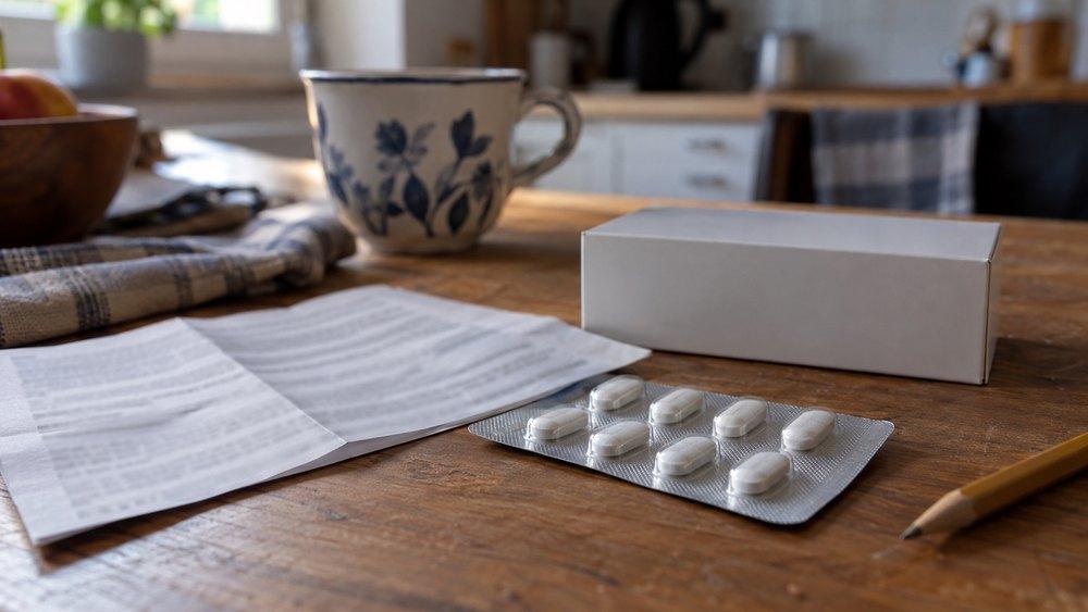 An unfolded patient information leaflet next to a white medicine box and a blister pack of tablets on a wooden table, with a mug of tea in the background and a pencil nearby.