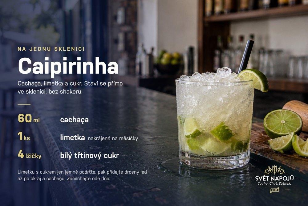 Receptová karta na Caipirinhu: 60 ml cachaçy, 1 limetka nakrájaná na mesiačiky a 4 lyžičky bieleho trstinového cukru, pohár plný drveného ľadu.