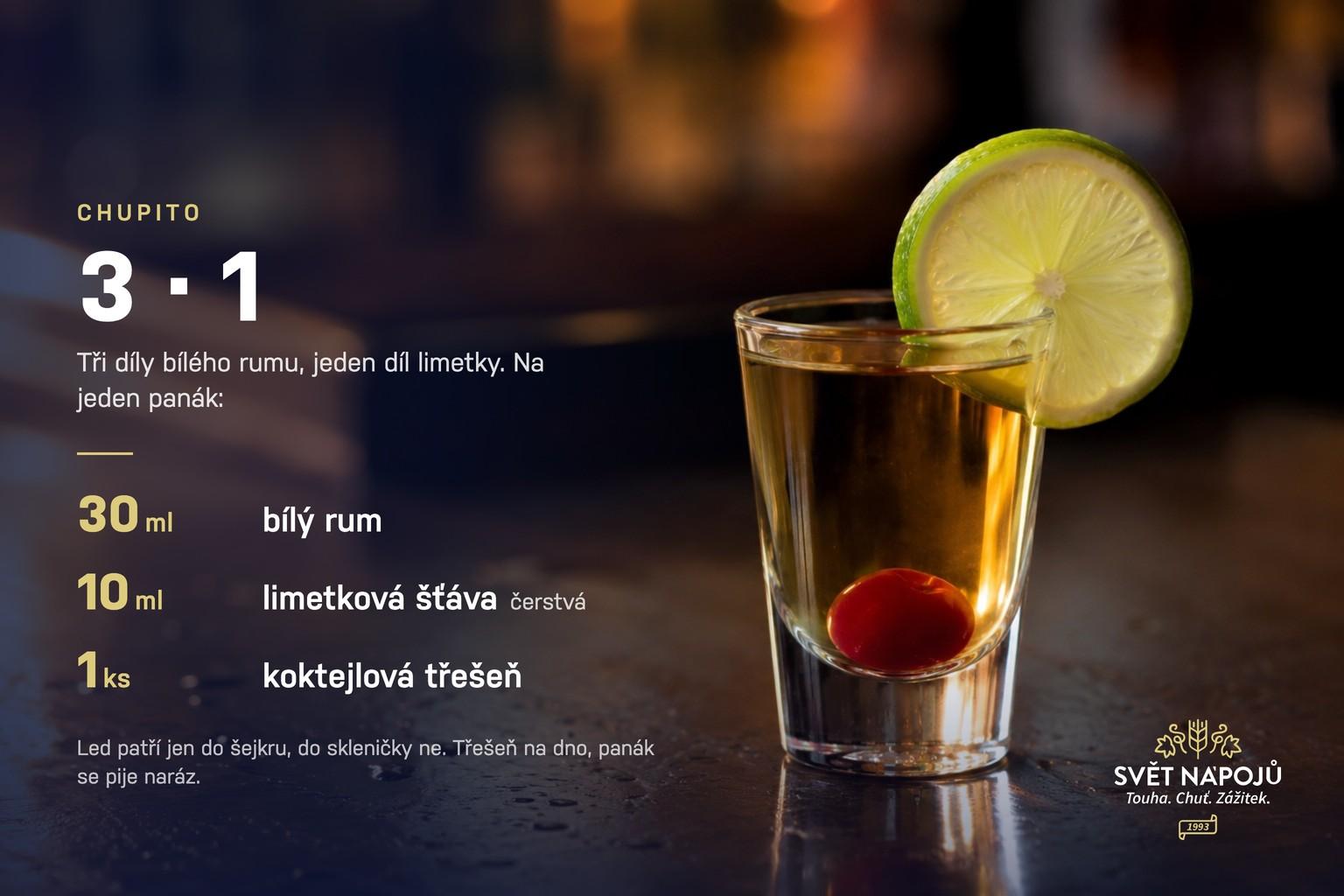 Receptová karta na chupito: 30 ml bílého rumu, 10 ml čerstvé limetkové šťávy a koktejlová třešeň na jeden panák.