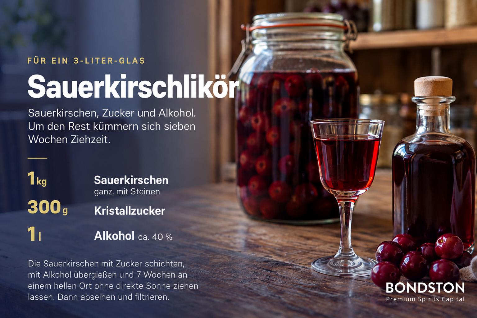 Rezeptkarte für hausgemachten Griotka: 1 kg Sauerkirschen mit Kernen, 300 g Kristallzucker und 1 Liter Alkohol mit ungefähr 40 Vol.-%, 7 Wochen Ziehzeit an einem hellen Ort.