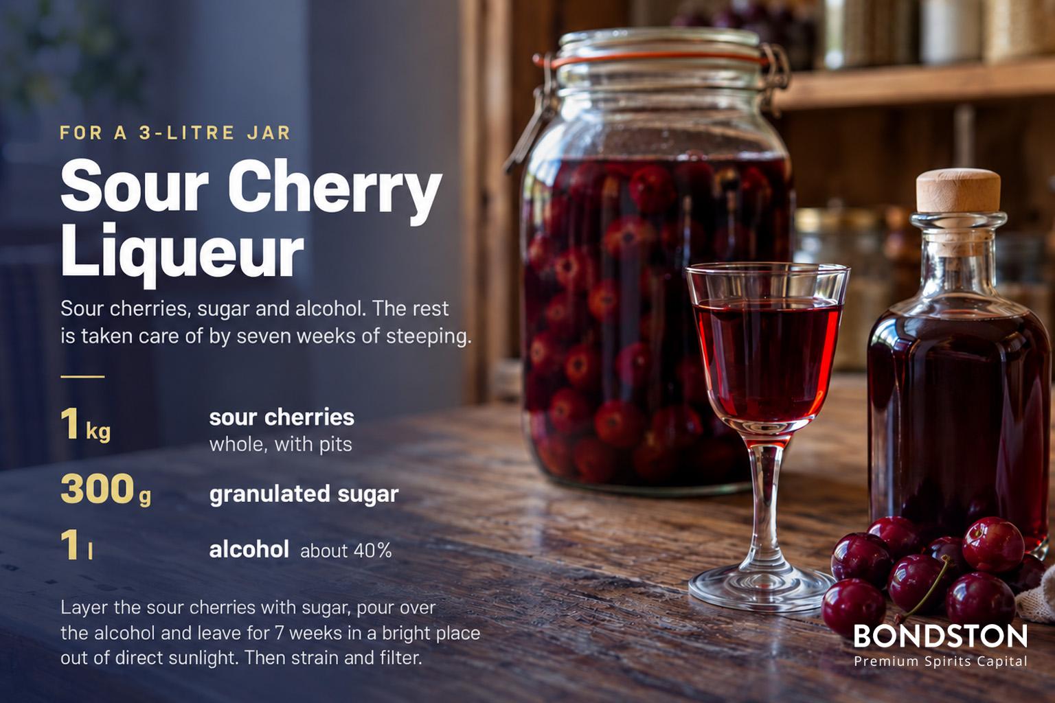 Homemade Griotka recipe card: 1 kg sour cherries with pits, 300 g granulated sugar and 1 litre of alcohol at approximately 40% ABV, infused for 7 weeks in a bright spot.