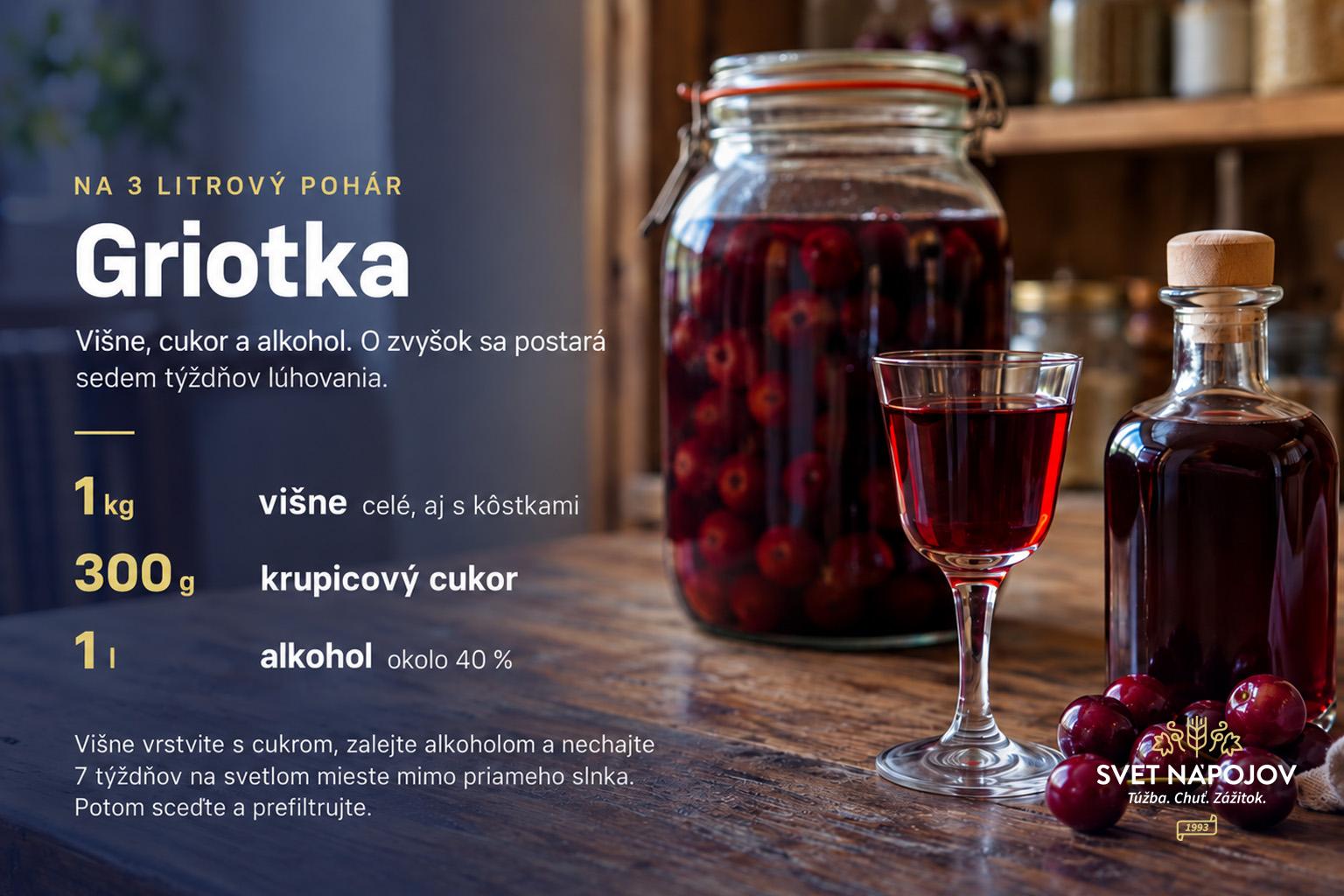 Receptová karta na griotku: 1 kg višní aj s kôstkami, 300 g kryštálového cukru a 1 liter alkoholu so silou približne 40 %, lúhovanie 7 týždňov na svetlom mieste.