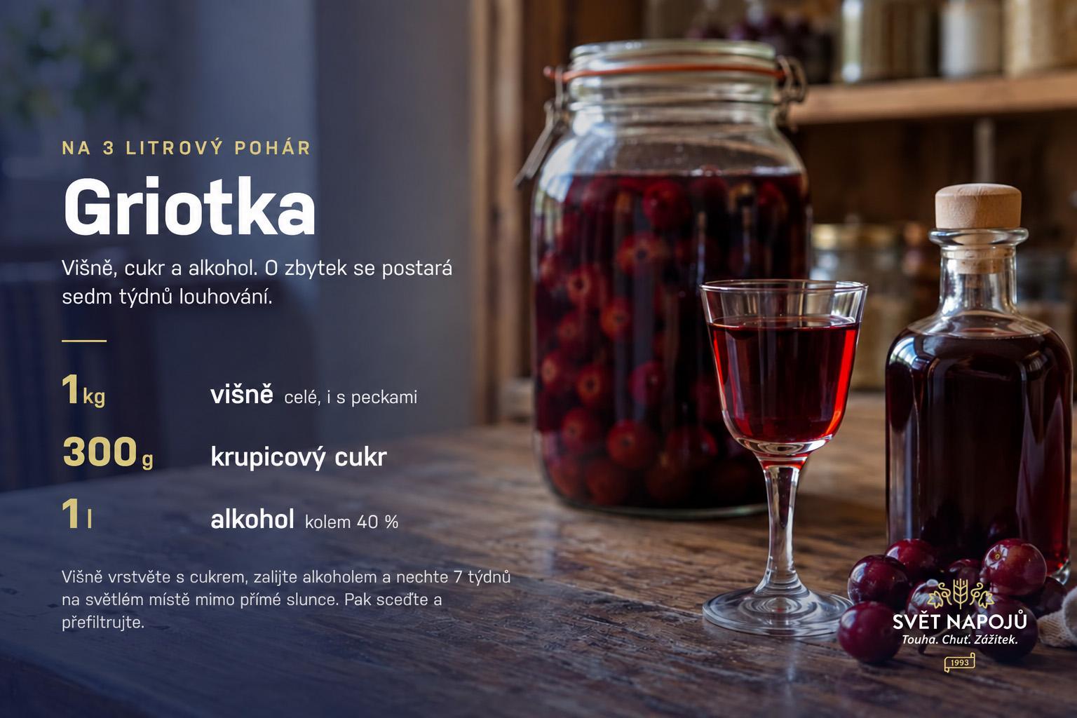 Receptová karta na griotku: 1 kg višní i s peckami, 300 g krupicového cukru a 750 ml alkoholu o síle kolem 40 %, louhování 7 týdnů na světlém místě.
