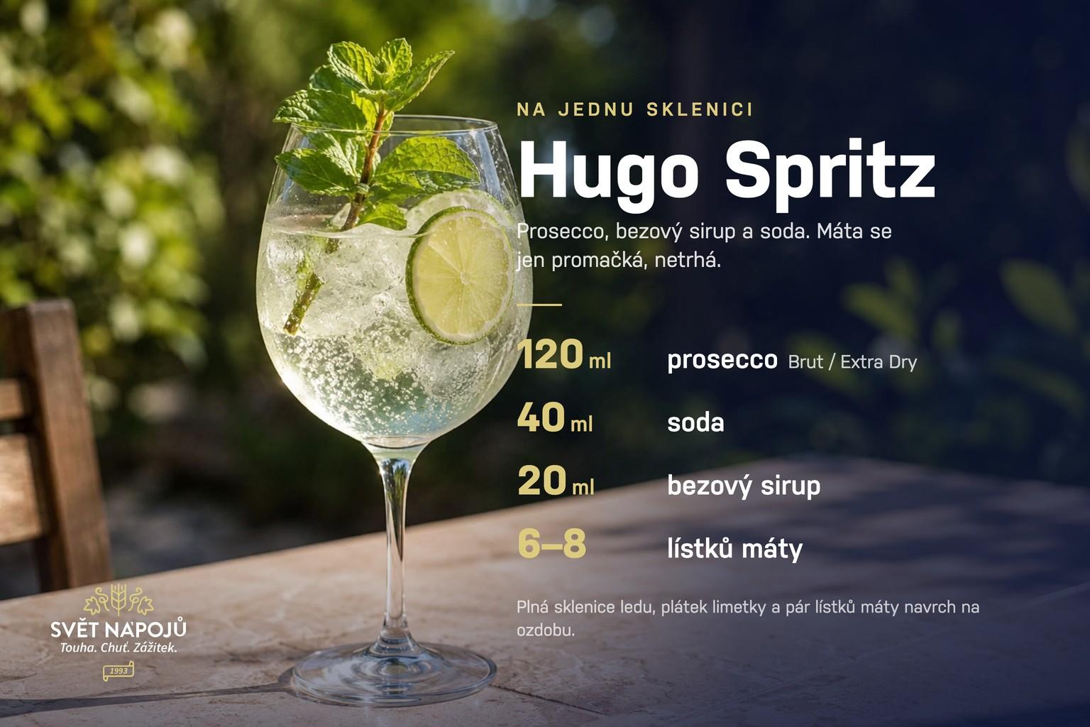 Receptová karta na Hugo Spritz: 120 ml prosecca, 40 ml sody, 20 ml bezového sirupu a 6 až 8 lístků máty na jednu sklenici.