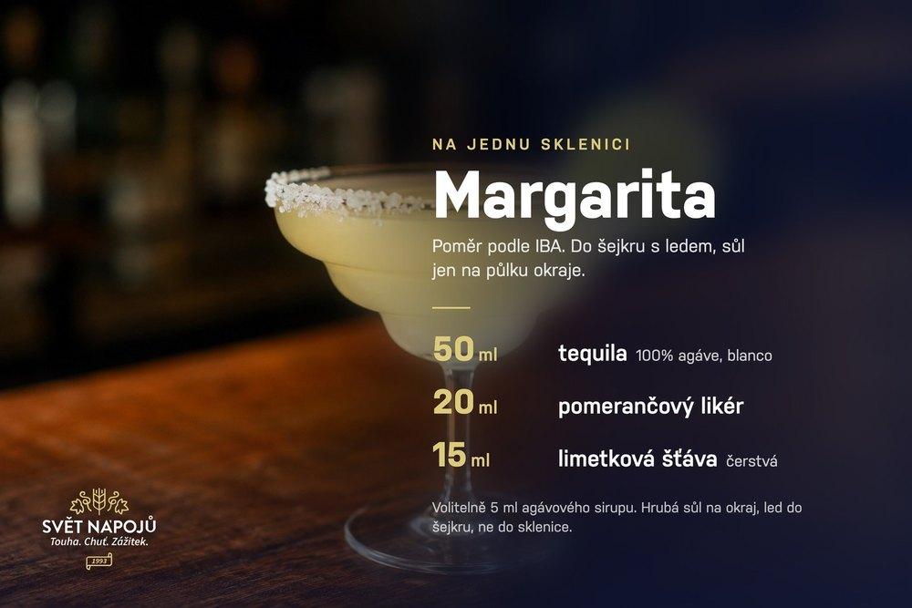 Receptová karta na Margaritu podle IBA: 50 ml tequily, 20 ml pomerančového likéru a 15 ml čerstvé limetkové šťávy.
