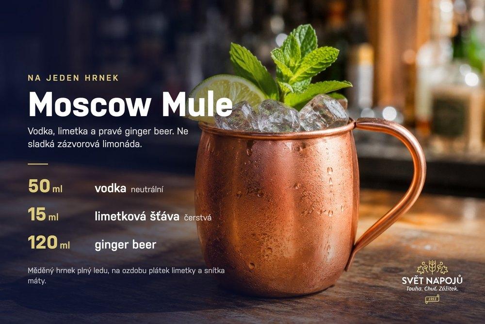 Receptová karta na Moscow Mule: 50 ml vodky, 15 ml čerstvé limetkové šťávy a 120 ml ginger beeru do měděného hrnku.