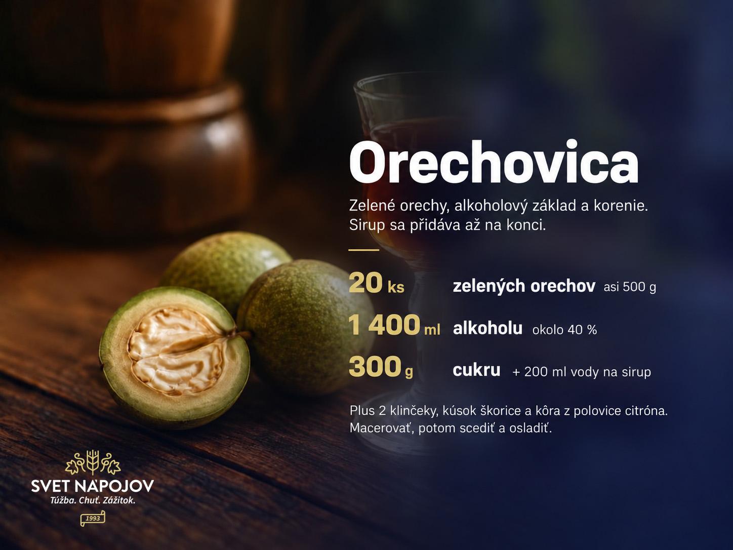 Receptová karta na orechovicu: 25 zelených orechov, 1000 ml alkoholu s obsahom okolo 40 percent a 300 g cukru na dvojlitrový pohár.