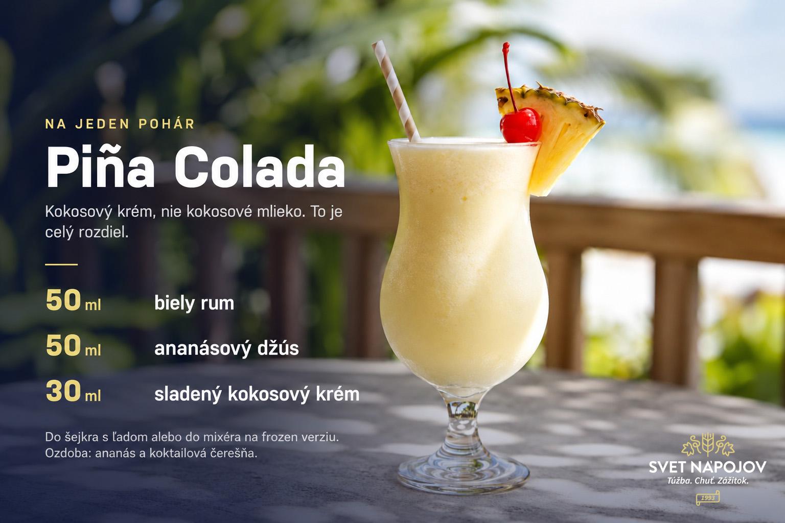 Receptová karta na Piña Coladu: 50 ml bieleho rumu, 50 ml ananásového džúsu a 30 ml sladeného kokosového krému.