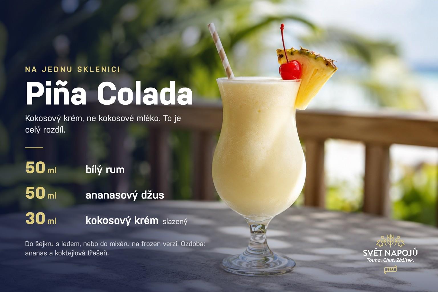 Receptová karta na piña coladu: 50 ml bílého rumu, 50 ml ananasového džusu a 30 ml slazeného kokosového krému.