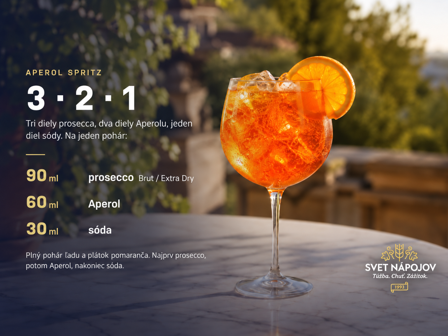 Ako namiešať Aperol Spritz krok za krokom): Receptová karta na Aperol Spritz: pomer 3-2-1, teda 90 ml prosecca, 60 ml Aperolu a 30 ml sódy na jeden pohár.