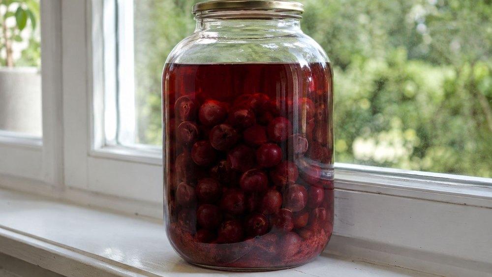 A large sealed preserving jar filled with sour cherries submerged in deep-red alcohol on a kitchen windowsill, with a layer of partially dissolved red-tinted sugar at the bottom.