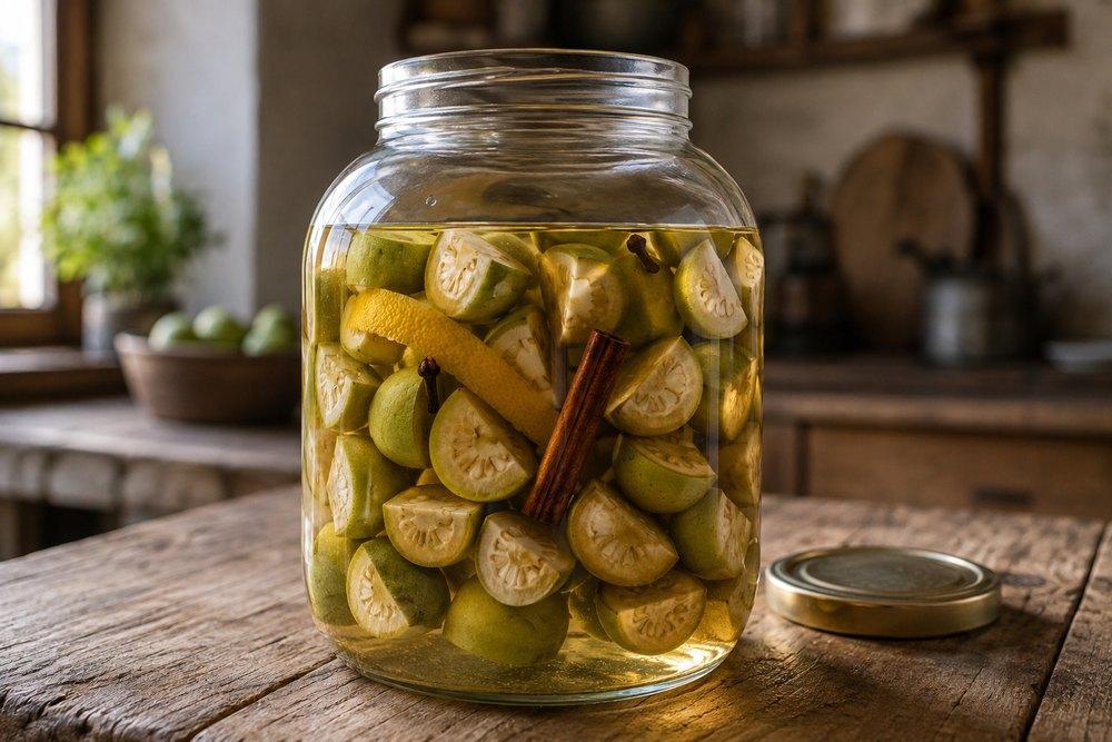 Large preserving jar filled with chopped green walnuts, cinnamon, cloves and lemon peel infused in clear alcohol on a wooden table, without sugar.