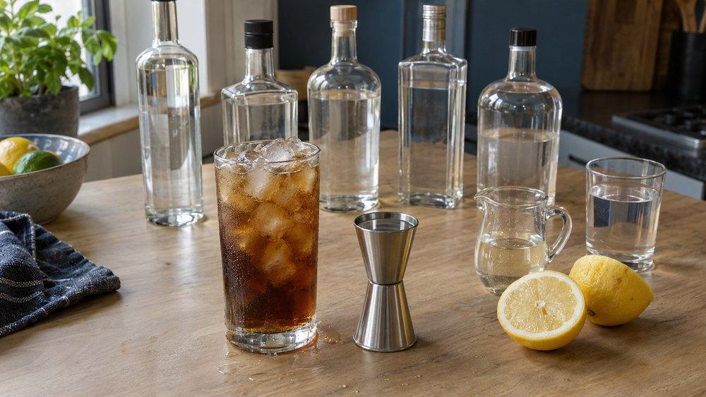 Long Island Iced Tea ve vysoké sklenici s ledem na dřevěné kuchyňské lince, vedle kovová odměrka, za ním pět lahví čirých destilátů bez etiket, džbánek se sirupem, rozkrojený citron a sklenice vody.