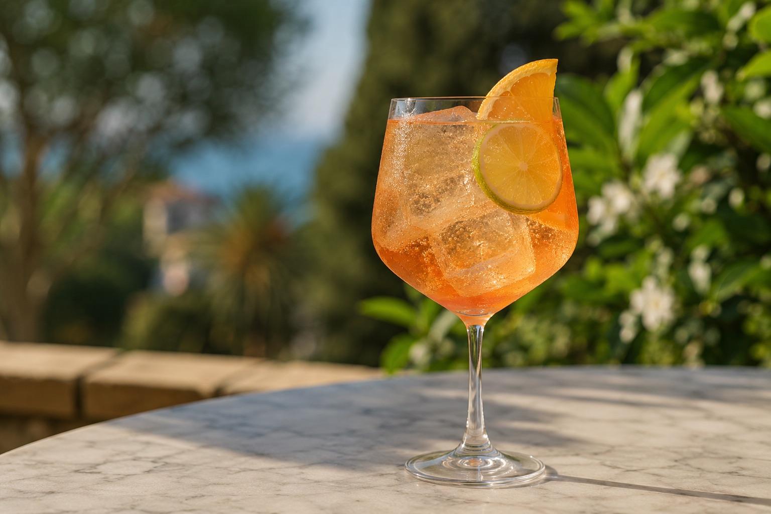 Aperol s tonikem ve vysoké sklenici s ledem, plátkem pomeranče a kolečkem limetky – lehčí variace na terase.
