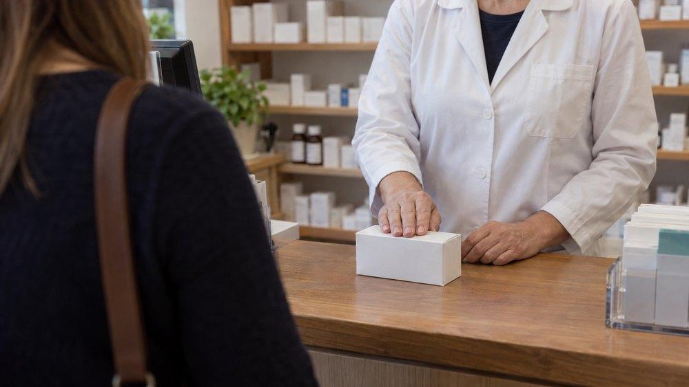 A pharmacist in a white coat places a medicine box on a pharmacy counter, viewed over a customer's shoulder, with shelves of medicines in the background.