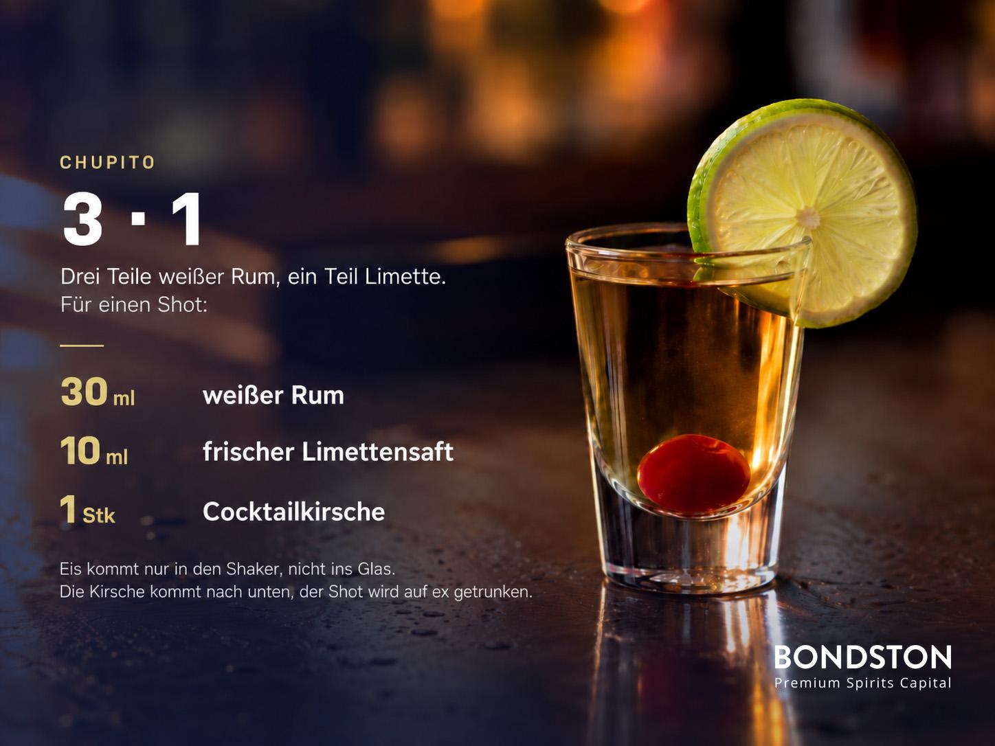 Rezeptkarte für Chupito: 30 ml weißer Rum, 10 ml frischer Limettensaft und eine Cocktailkirsche pro Shot.