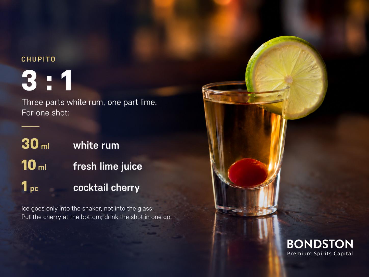 Chupito recipe card: 30 ml white rum, 10 ml fresh lime juice and one cocktail cherry per shot.