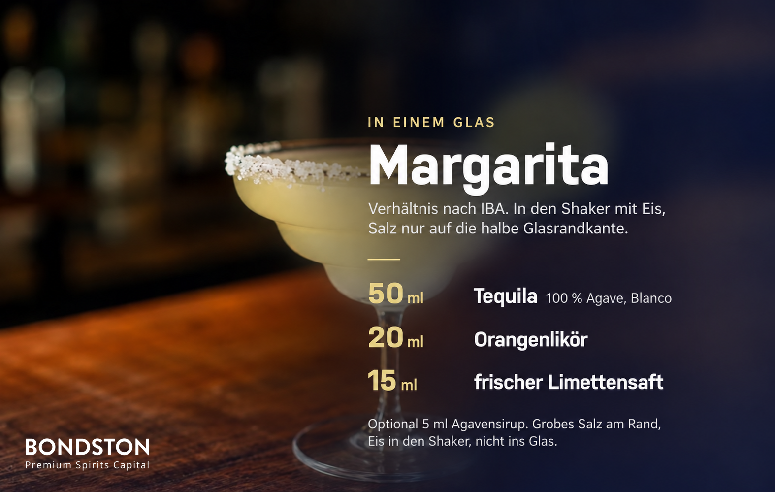 Rezeptkarte für eine klassische Margarita nach IBA-Mischverhältnis: 50 ml Tequila, 20 ml Orangenlikör und 15 ml frisch gepresster Limettensaft.